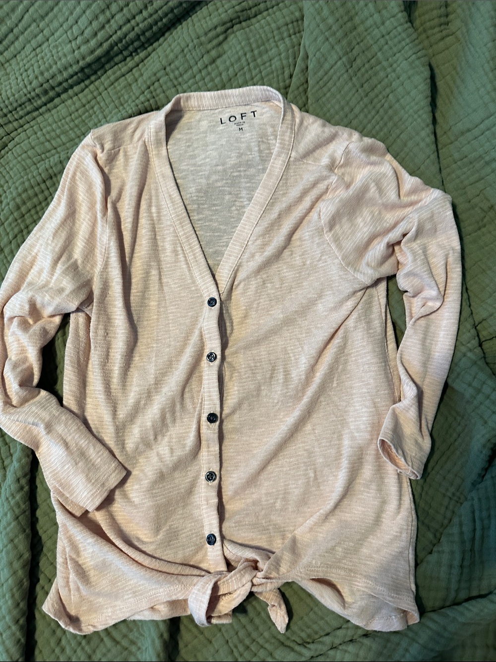 LOFT Light Blush Pink Button-Front Tie Hem Cardigan